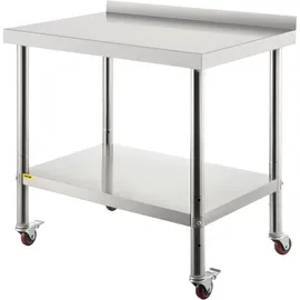 Vevor Arbeitstisch Edelstahl, Edelstahltisch mit Höhenverstellbarer Ablage, Küchentisch mit 4 Universalräder und Aufkantung 91,4 x 61 x 89 cm, Zubereitungstisch Max. 150 kg + 50 kg Edelstahltisch