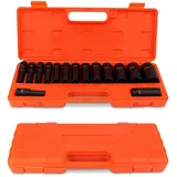 Schlagschrauber Nüsse 1/2 Zoll, 15 Stück Langnuss Set 10-32m Kohlenstoffstahl Deep Impact Socket Set Steckschlüsselsatz Innensechskant mit Plastikhülle für Werkstatt