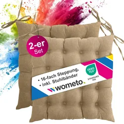 wometo 2er Set Sitzkissen Stuhlkissen 40x40 OEKO-TEX  - beige Sitzauflage Bank Polster Sitzpolster mit Bändern / Schleife, Indoor / Outdoor
