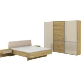 Musterring Schlafzimmer-Set Savona, Kleiderschrank, Bett & Nachtkommoden, teilmassiv Bianco-Eiche, (2er-Set Nachtschränke, Schwebetürenschrank, Bett 180x200 cm), Kopfteil Bett Kunstleder Champagner, Schrank mit Eiche- und Glastüren braun