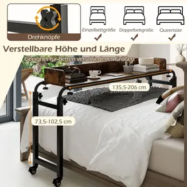 Costway Überbetttisch mit Rollen, mit Höhe & Länge Braun