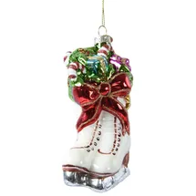 Kaemingk Christbaumschmuck Glas 15cm Schlittschuhe mit Glitzer Weihnachtskugeln - Rot - Weiß