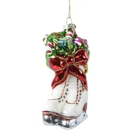 Kaemingk Christbaumschmuck Glas 15cm Schlittschuhe mit Glitzer Weihnachtskugeln - Rot - Weiß