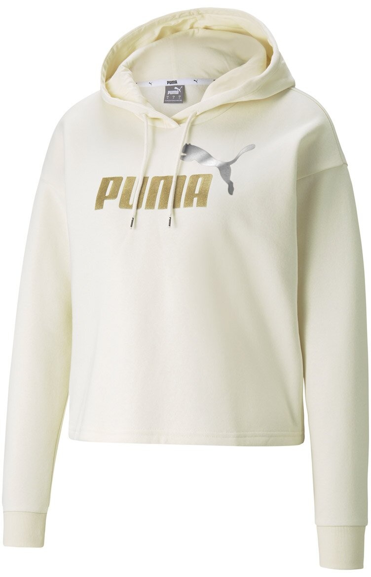 PUMA Damen Kapuzen-Sweat-Shirt - ESS+ Cropped Metallic Hoodie Weiß XL
