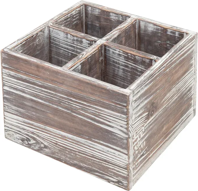 MyGift Rustikaler quadratischer Kochutensilienhalter aus geflammtem Holz für die Küchenarbeitsplatte, Besteckaufbewahrung mit 4 unterteilten Fächern
