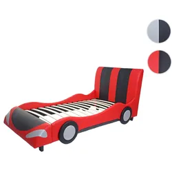 Bett HWC-E14, Auto Junge Kinderbett Jugendbett, Lattenrost Kunstleder Holz 190x100cm ~ schwarz-rot