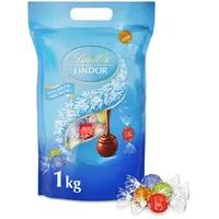 Lindt Schokolade LINDOR Kugeln Vollmilch Mischung | 1 KG Beutel, wiederverschließbar | ca. 80 Kugeln in 4 Sorten (Milch, Pistazie, Milchcrème, Caramel) | Großpackung | Schokoladengeschenk