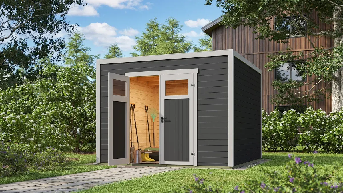 Weka Design-Gartenhaus Batu - 28 mm - Modern Storage 300 x 300 cm (Batu 3) - 300 cm Anbaudach, hellgrau Vollholz-Doppeltür