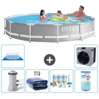 Intex Round Prism Frame Swimming Pool – 366 x 76 cm – Grau – inklusive Pumpe Sonnensegel - Wartungspaket - Filter - Bodenplane - Wärmepumpe