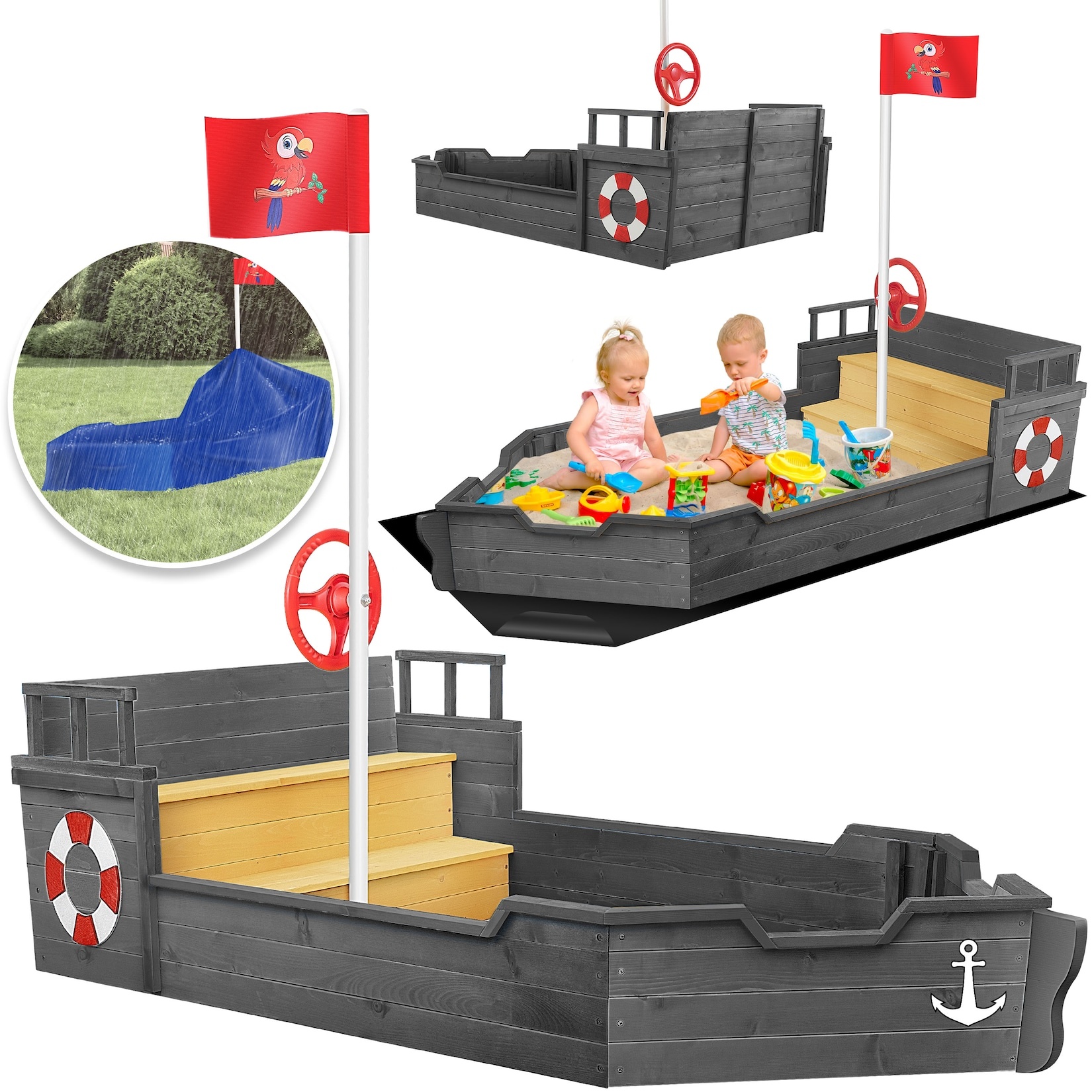 KIDIZ® Sandkasten Ahoi - Piratenschiff Boot Segelschiff aus Holz Inkl. Abdeckung, Bodenplane, Sitzbank, Flaggenmast, Sandspielzeug    Große Kinder Sandkiste für den Garten   Outdoor Sandbox