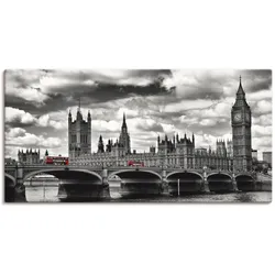 Wandbild ARTLAND "London Westminster Bridge & Red Buses", schwarz (farbe bild(er): schwarz), B:100cm H:50cm T:1,8cm, Canvas, Leinwand, Bilder, als Leinwandbild, Poster, Wandaufkleber in verschied. Größen