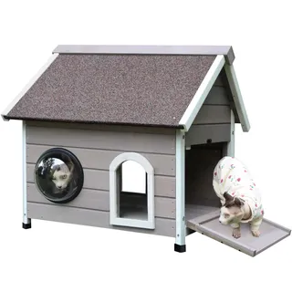 HiCaptain Katzenhaus Outdoor für Wetterfestes Katzenhaus, Holz für draußen, kleines Haustierhaus mit einzigartiger Form, Kuppelfenster, Fluchttür und abnehmbarem Dachboden, grau