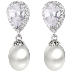 LÖB Perlenohrringe Damen Perlenohrringe Zirkonia Tropfen Oval Perlen Anhänger Silber Weiß (Geschenke für Frauen zum Geburtstag Weihnachten Weihnachtsgeschenke), Ohrstecker Ohrringe Hängend Brautschmuck Braut Perlenohrstecker Strass silberfarben