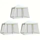 3er-set  Gartenpavillon Pavillon 3 X 3 M Wetterfest Mit Moskitonetz, Partyzelt Aus Metall Und Polyester In Cremeweiß