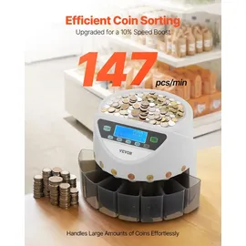 Vevor Euro-Münzsortierer, Münzzählmaschine für 8 Arten von Euro-Münzen, Münzzählautomat für bis zu 850 Münzen, großes LCD-Display, Münzaufbewahrung inkl. 5 Münzröhren & 8 Münzboxen