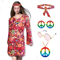 Cynrikah Hippie-Kostüm-Damen, 70er Jahre Kostüm Damen Hippie Outfit mit Retro Sonnenbrille/Halskette/Ohrringen, 60er 70er 80er Jahre Accessoires Karneval Kostüm Damen Ubergröße(XL)