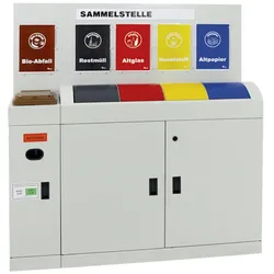 PROREGAL Wertstoffsammlerstation für 7 versch. Abfallarten inkl. Altbatterien, Abfalltrennung, 4x45 + 27L, HxBxT 146x136,5x34cm, Grau/Rrot/Gelb/Blau