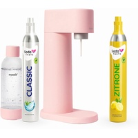 Sparpaket: Mysoda Woody - Wassersprudler aus erneuerbarem Holzkomposit mit 1L BPA-freier Plastikflasche, CO2-Zylinder Classic + CO2-Zylinder Zitrone (Rosa)