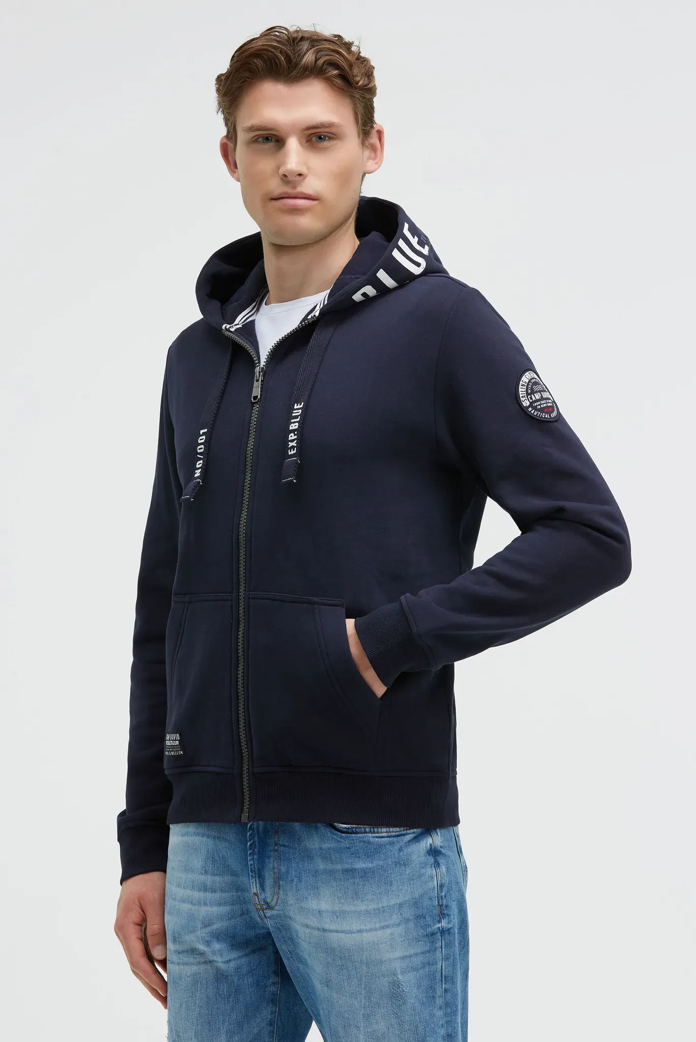Kapuzensweatjacke CAMP DAVID, Herren, Gr. M, blau, Material: 50% Baumwolle, 50% Polyester, bedruckt, relaxed fit normal, hoch geschlossener Ausschnitt, eingesetzt Rippbündchen, Sweatjacken, mit Baumwolle
