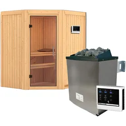 Karibu Sauna Taurin mit Eckeinstieg 68 mm-9 kW Ofen inkl. Steuergerät-Ohne Dachkranz-Klarglas Ganzglastür