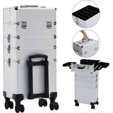 AREBOS 4‐in‐1 Kosmetikkoffer Silber | 4 Fächer, 1 Schublade, Trolley 360° Rollen - Silber
