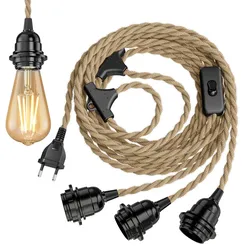 ledscom.de Hanf-Kabel / Textilkabel LEKA, Stecker, Schalter, beige , 8 m, Lampen-Fassung, 3x E27 max. 60W