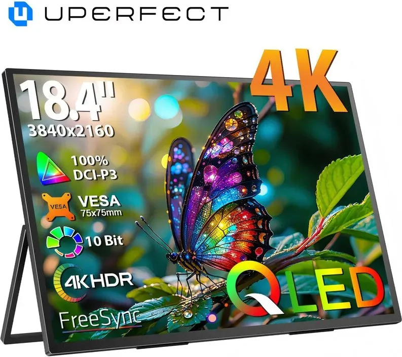 UPERFECT 18,4 Zoll 4K QLED Tragbarer Monitor mit 3840 x 2160 UHD-Display, integrierter Halterung, USB-C, Mini-HDMI, für PC, Laptop, Smartphone, Xbox, Switch, PS4/5, Metallgehäuse, tragbarer Bildschirm, VESA-Montagefähig