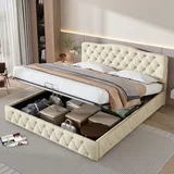 Flieks Polsterbett 180x200cm mit Lattenrost, Doppelbett Boxspringbett mit Stauraum, Stauraumbett Holzbett, Samt, Beige - Beige
