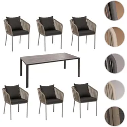 Gartengarnitur HWC-N41, Tisch+6xStuhl, wetterfest Alu 180x80cm, Seilgeflecht Rope ~ grau, Kissen dunkelgrau