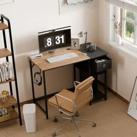 Mondeer Schreibtisch Computertisch mit Schubladen und Regal links oder rechts 100x75x50cm Retro-Braun und Schwarz