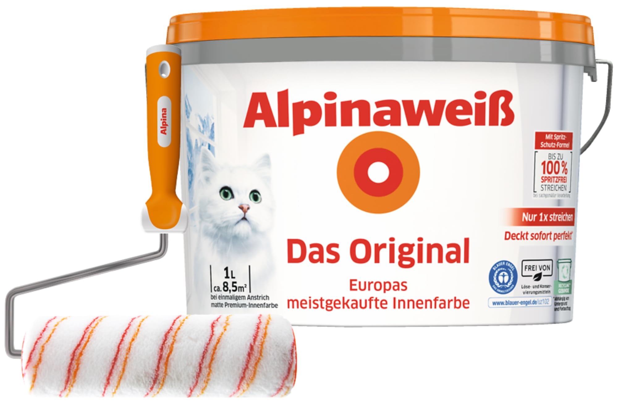 Alpinaweiß Das Original – optimal deckende und ergiebige weiße Wandfarbe – mit Spritz-Schutz-Formel – inkl. Spezial-Roller - 1 Liter