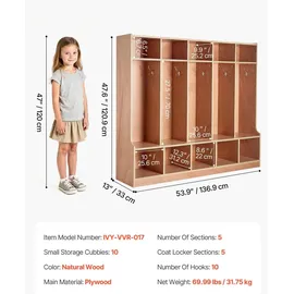 Vevor Offener Kinderkleiderschrank aus Holz, Kindergarderobe mit 10 Haken & 15 Fächern (5 Groß + 10 Klein), Garderobenregal & Aufbewahrungsregal für Kinderzimmer Zuhause Kindergarten Kita