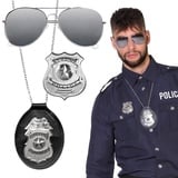 Boland 01417 - 3-teiliges Polizei-Set, Party-Brille, Halskette und Abzeichen, Silber-Schwarz, Unisex, Special Police, Kommissar, Kostüm, Karneval, Mottoparty