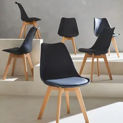 6er Set Skandinavische Stühle Nils, Schwarz, Beine aus Buchenholz, 1 Sitzplatz