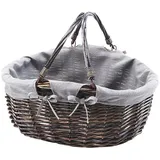 Kobolo Weidenkorb Einkaufskorb oval mit Klapphenkeln und Textil 33 x 40 x 20 cm grau