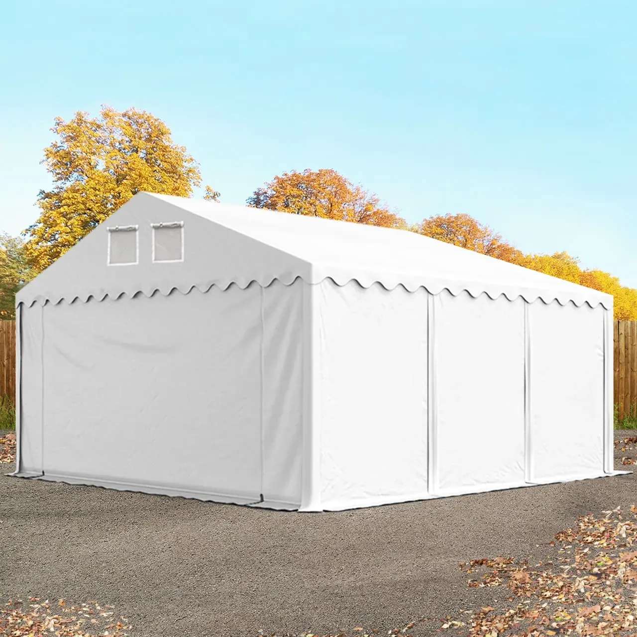 TOOLPORT  6x6 m Lagerzelt, PVC-Plane, weiß, mit Bodenrahmen, mit Statik (Erduntergrund) - (57716)