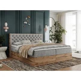 MKS Meble Boxspringbett, Deko, Doppelbett, Polsterbett mit Bettkästen und Multipocket-Matratze, Eiche Wotan holzrahmen - Albero-3 - 200x200cm - Hellgrau Str... - Grau