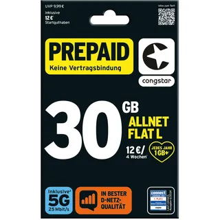 congstar Prepaid ALLNET L SIM-Karte ohne Vertrag I 30 GB Vielsurfer Prepaid-Paket in D-Netz-Qualität I 5G mit 25 Mbit/s + 12€ Startguthaben I Telefonie & SMS Flat in alle dt. Netze I EU-Roaming inkl.