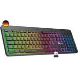 KLIM Light V2 Gaming Tastatur Kabellos QWERTZ + flach, ergonomisch, dezent, wasserresistent + Beleuchtete Gaming Tastatur für PC Mac PS4 PS5 + Integrierter Akku mit Langer Lebensdauer