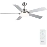 132 Cm Deckenventilator Mit Silberner Beleuchtung, Dimmbare Glühbirne, Fernbedienung, Leise, Für Schlafzimmer, Deckenventilator Mit 5 Wendbaren Flügeln Für Wohnzimmer Oder Terrasse
