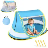 XIUWOUG Strandmuschel Baby uv Schutz 50, Pop up Strandzelt als Sonnenschutz für den Strand, 360° Moskitonetz Zelt, Inklusive Tragetasche für Reisen und Camping, Geeignet für Sand und Rasen,Blau