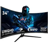 CRUA Gaming Monitor 34 Zoll (86cm Bildschirm) 3440X1440P WQHD 144Hz HDMI, 1ms (VRB), 2xHDMI 2.0, DP 1.4, Curved, höhenverstellbar, DP/HDMI FreeSync Premium