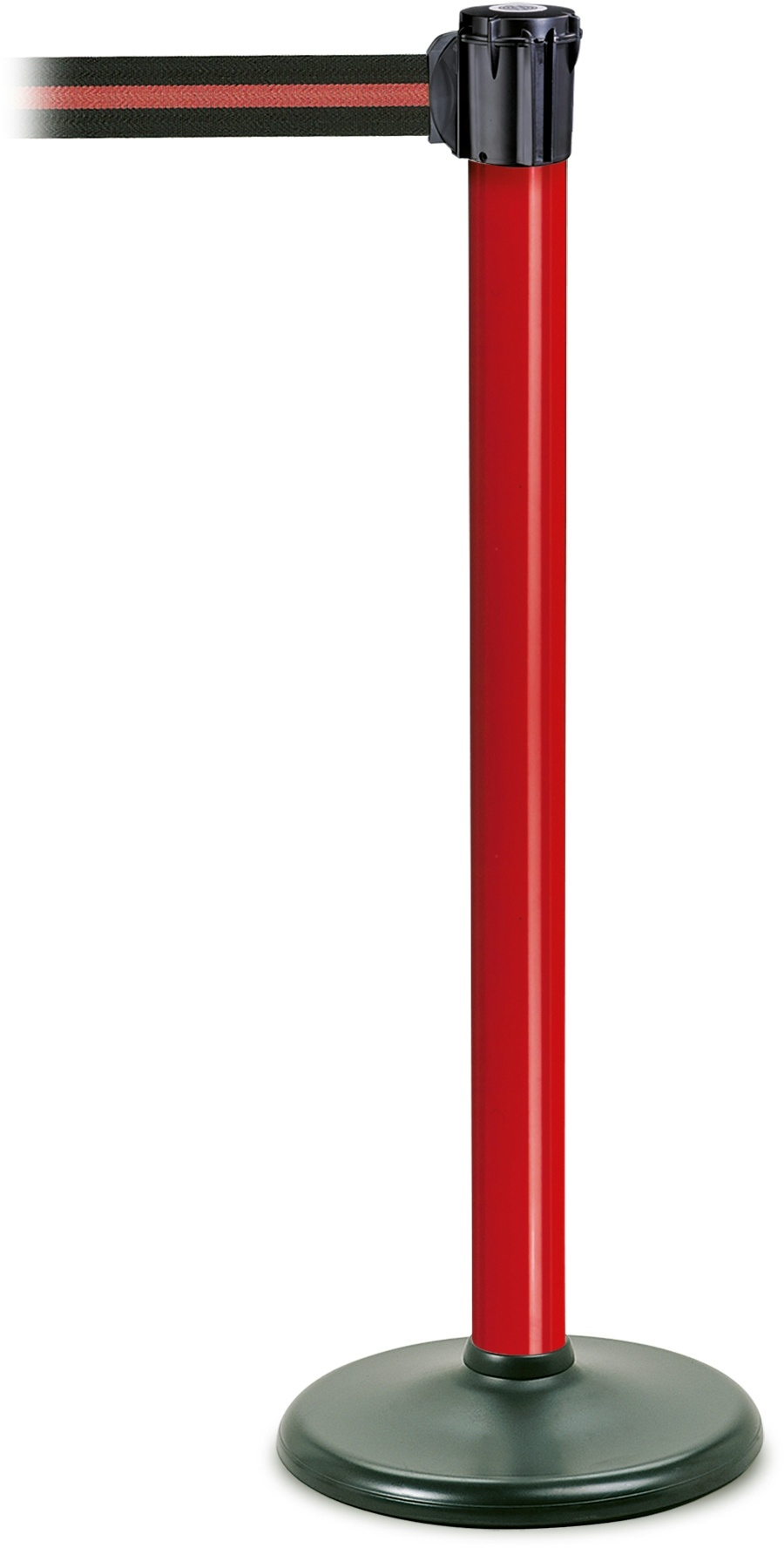 PROREGAL Gurtständer mit schwerem Bodenteller & integriertem Gurtband | HxØ 95,5x6cm | Gurtbandlänge 3m | Rot