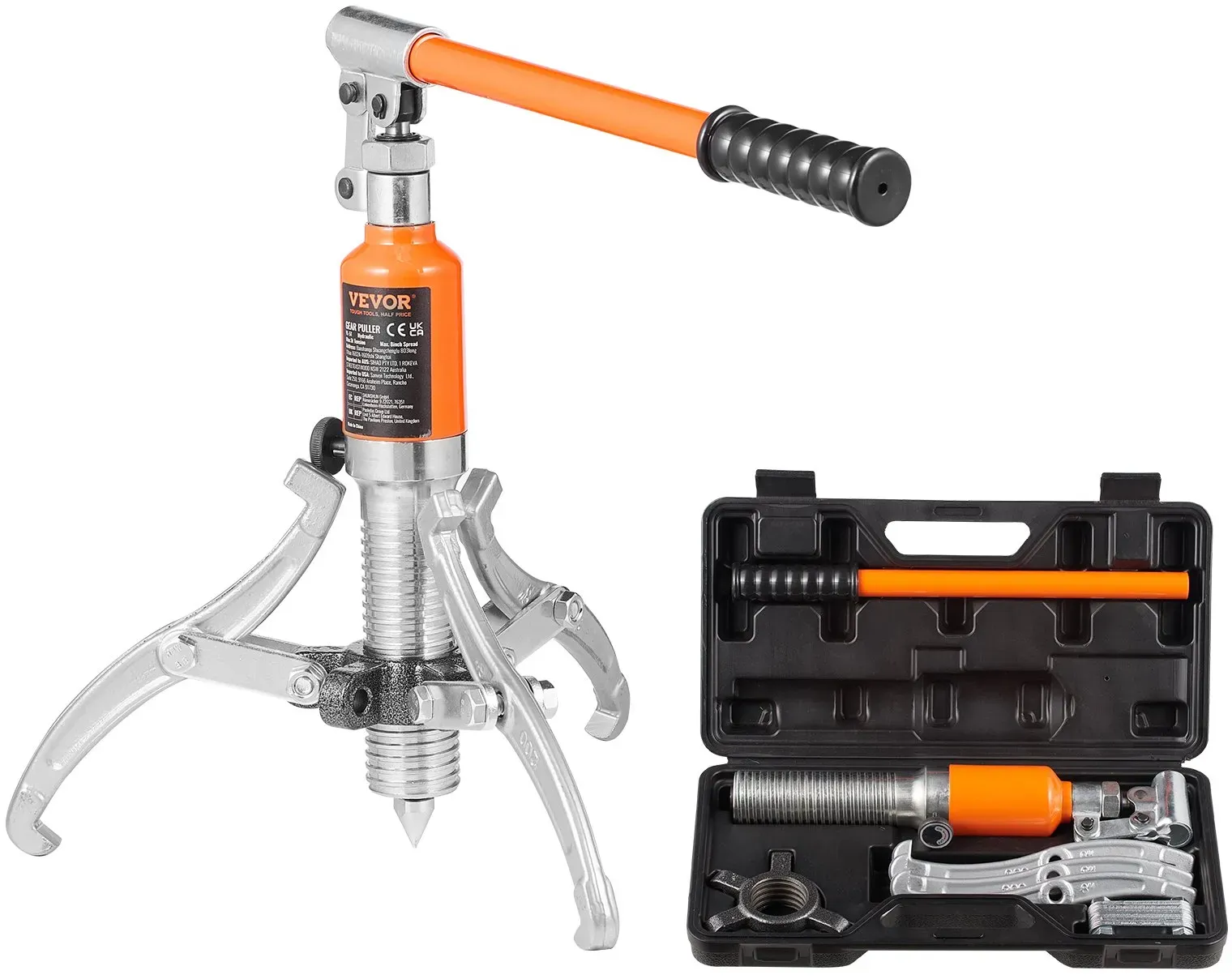 VEVOR Hydraulischer Zahnradabzieher, 5 t Maximale Kapazität, Radlager-Abziehtrenner, 2- oder 3-Backen-Abzieher, Vertikal & Horizontal, 228,6 mm Backen-Hydraulikabzieher mit Koffer zum Ziehen