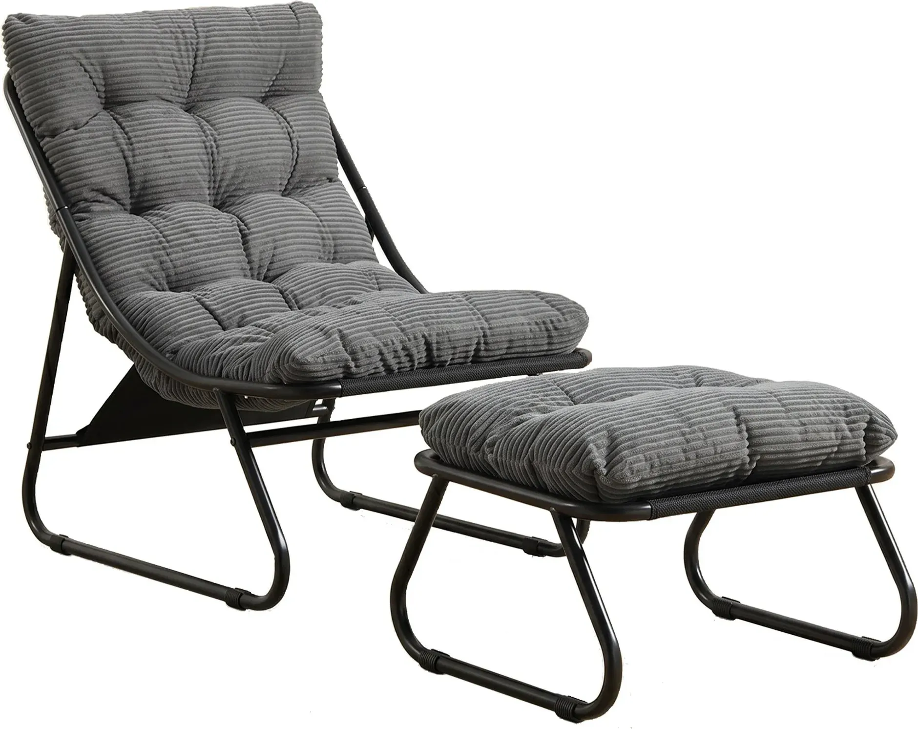 Outdoor-Lounge-Sessel mit Hocker, Polsterkissen, Sling-Gewebe, Stahlrahmen, Grau