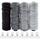 Makramee Garn Set, 4er SILARLAIT Makramee Garn 3mm 50m mit 8 Schlüsselanhänger, Makramee Garn Bunt Set, Makramee Baumwollgarn für DIY Handwerk, Dekoration für Wohnzimmer Balkon Wand (Grau)