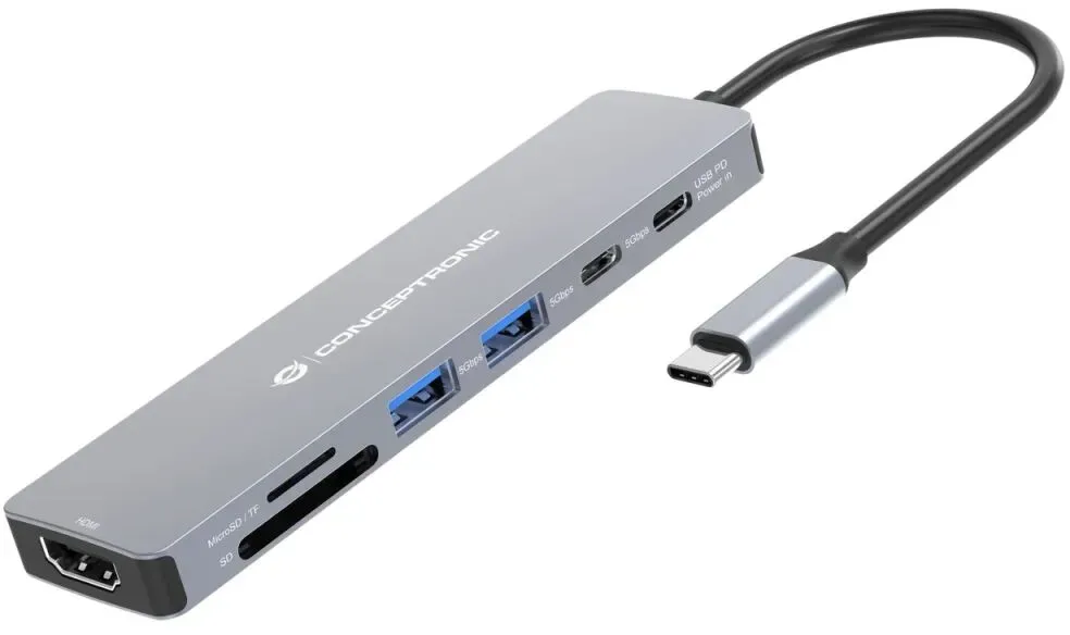 Conceptronic DONN28G 7-in-1 USB 3.2 Gen 1 Dockingstation, 4K60Hz HDMI, USB-A 5Gbps x 2, USB-C 5Gbps, SD, TF/MicroSD, 100W USB PD