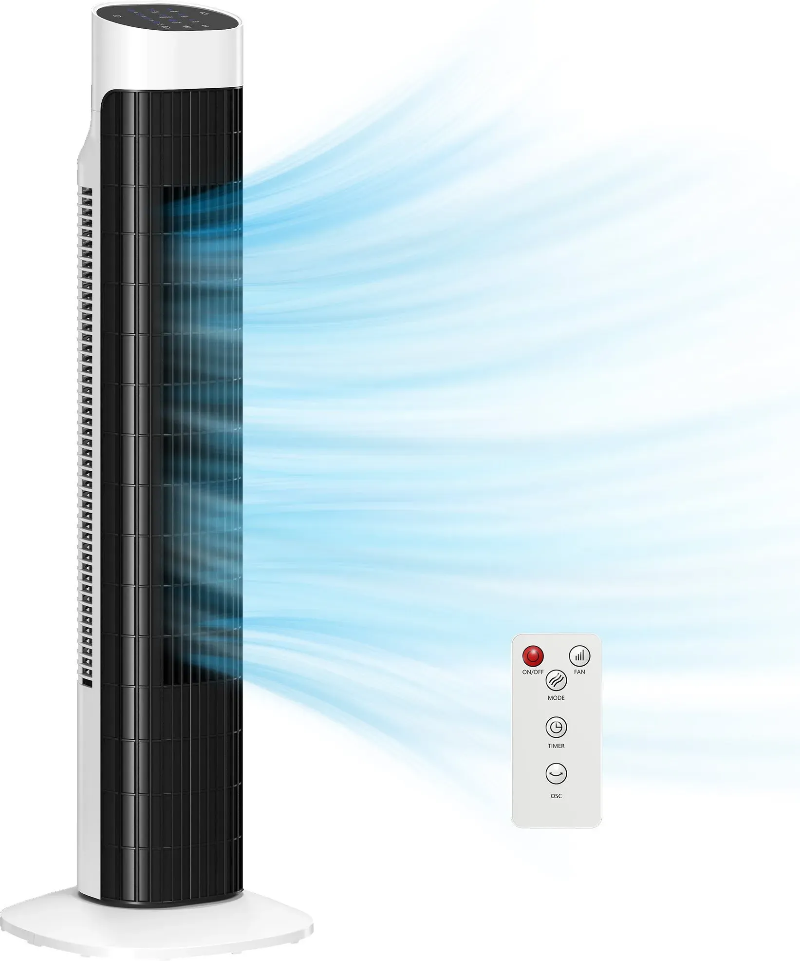 HOMCOM Turmventilator, leiser Standventilator mit Fernbedienung, 3 Geschwindigkeiten, 3 Modi, Timer 7,5 Std., 70° Schwenkung, LED-Display, für Schlafzimmer, Weiß und Schwarz   Aosom