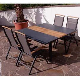 ALEOS. Gartengarnitur Gartenset Aluminium TEAK Set mit quadratischem Ausziehtisch 150x110cm auf 150cm ausziehbar + 4 Hochlehner anthrazit Trinidad