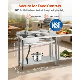 Vevor Spültisch Spülbecken Edelstahl (100 x 50 x 94 cm), Einzelbecken mit Wasserhahn & Ablage, Küchenspüle für Garage Restaurant Wäscherei, W...